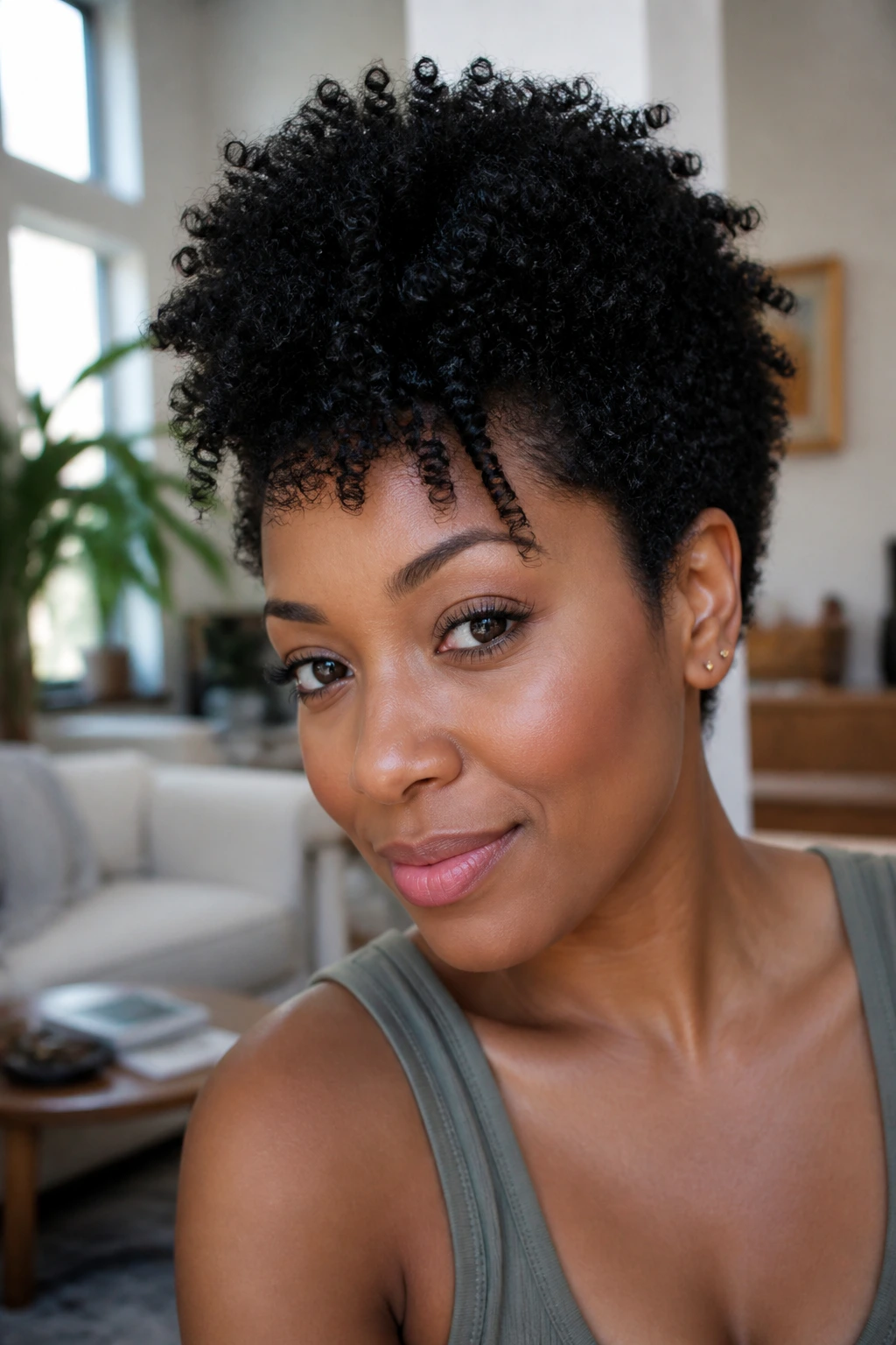 Close-up of a real Black woman with a lifted crown in a wash-and-go style