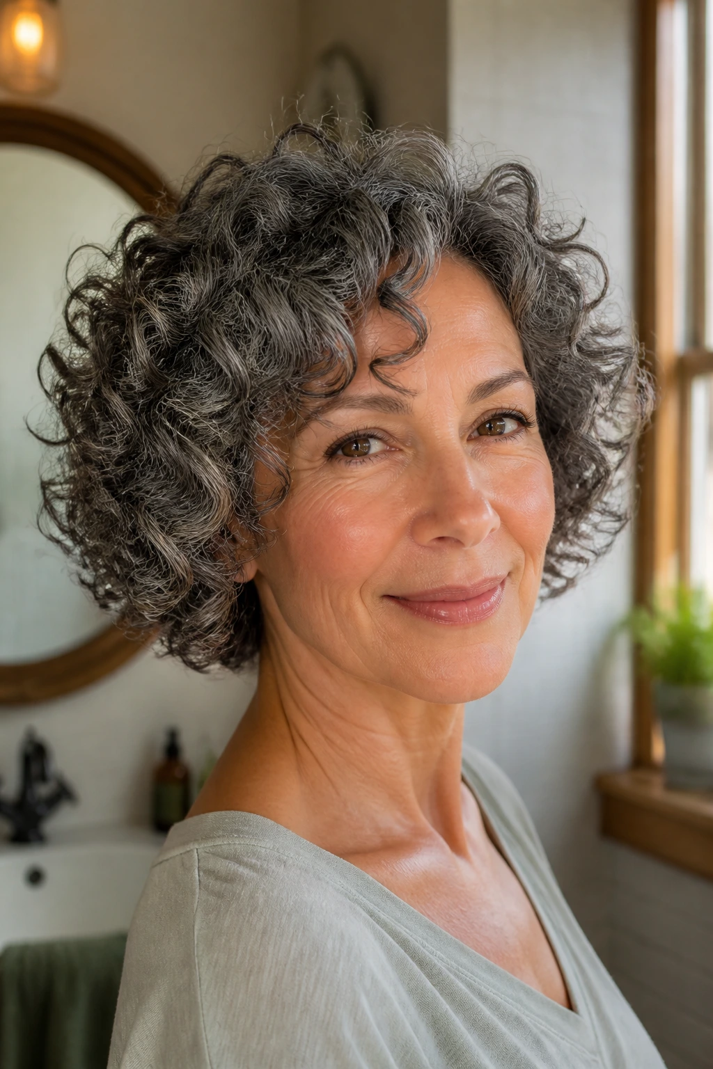 Close-up of a real woman with air-dried curls in a wash-and-go style, photographed in a warm bathroom.