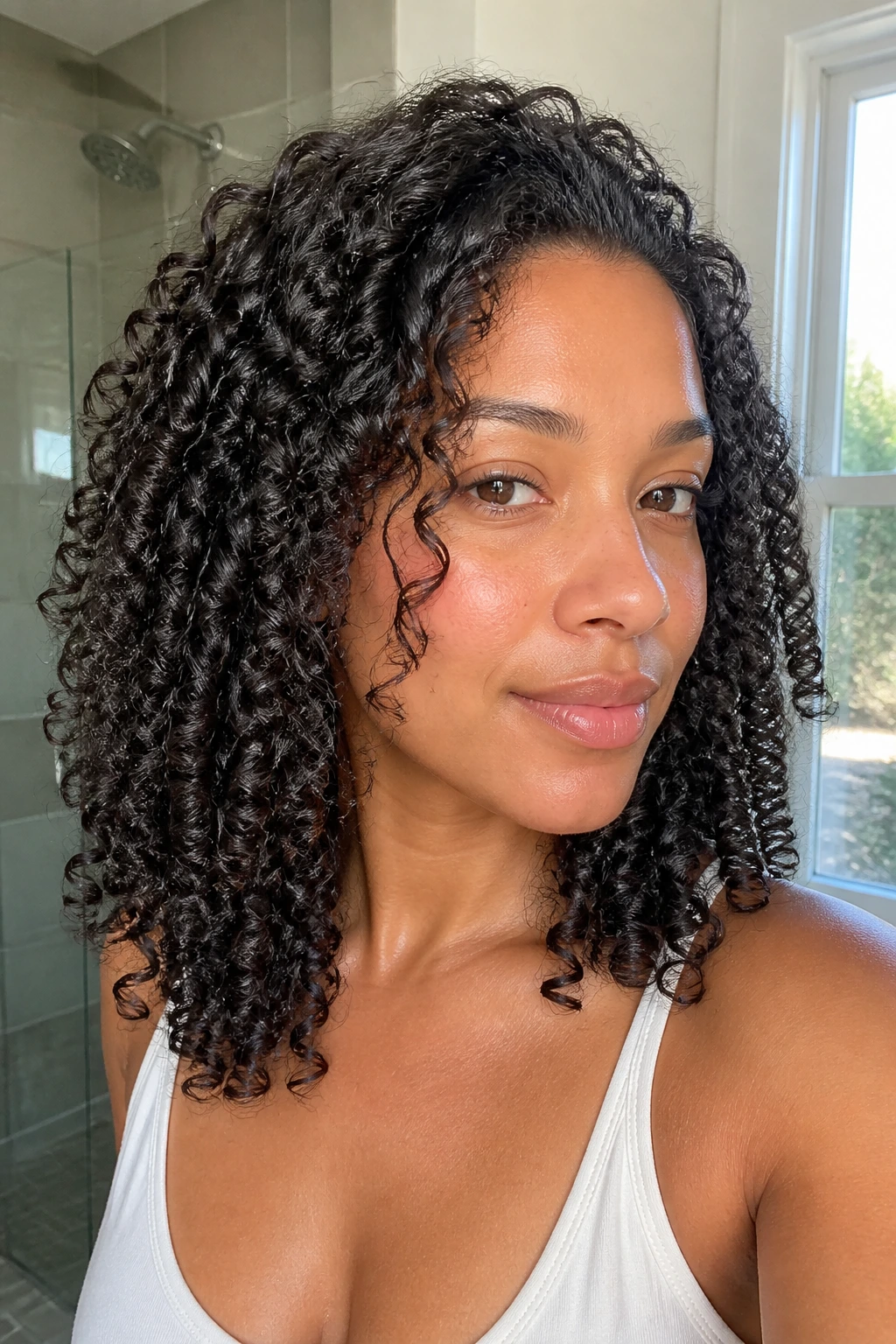 Close-up of a real woman with defined wash-and-go curls.