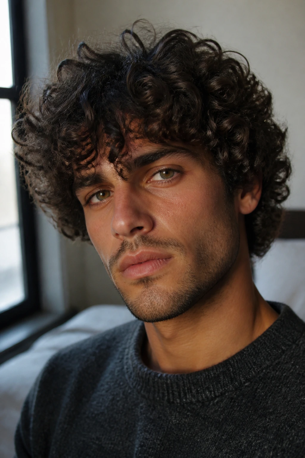 Man with wash-and-go curls in natural light