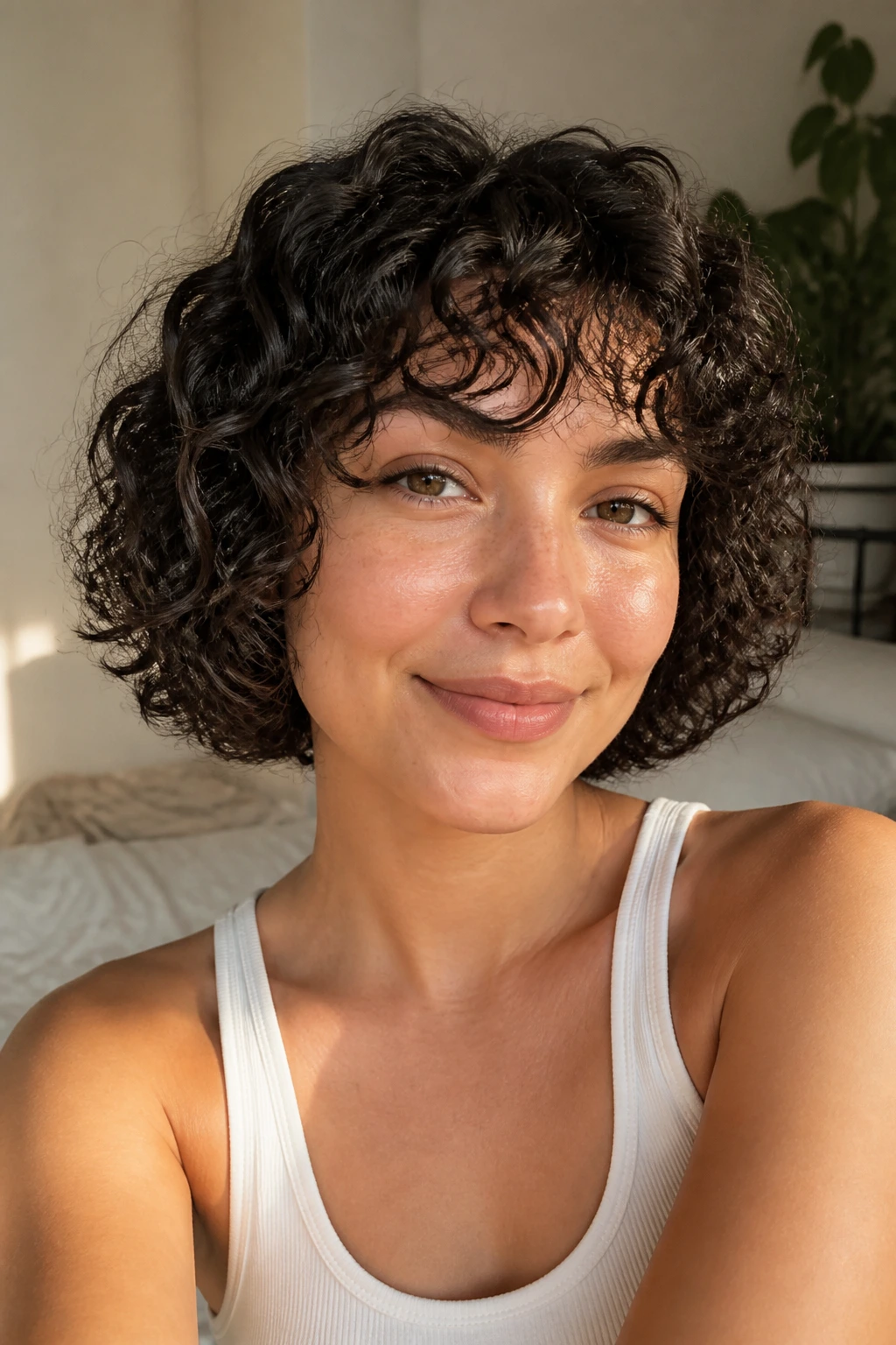 Close-up of a real woman with wash-and-go curly cut and minimal face framing