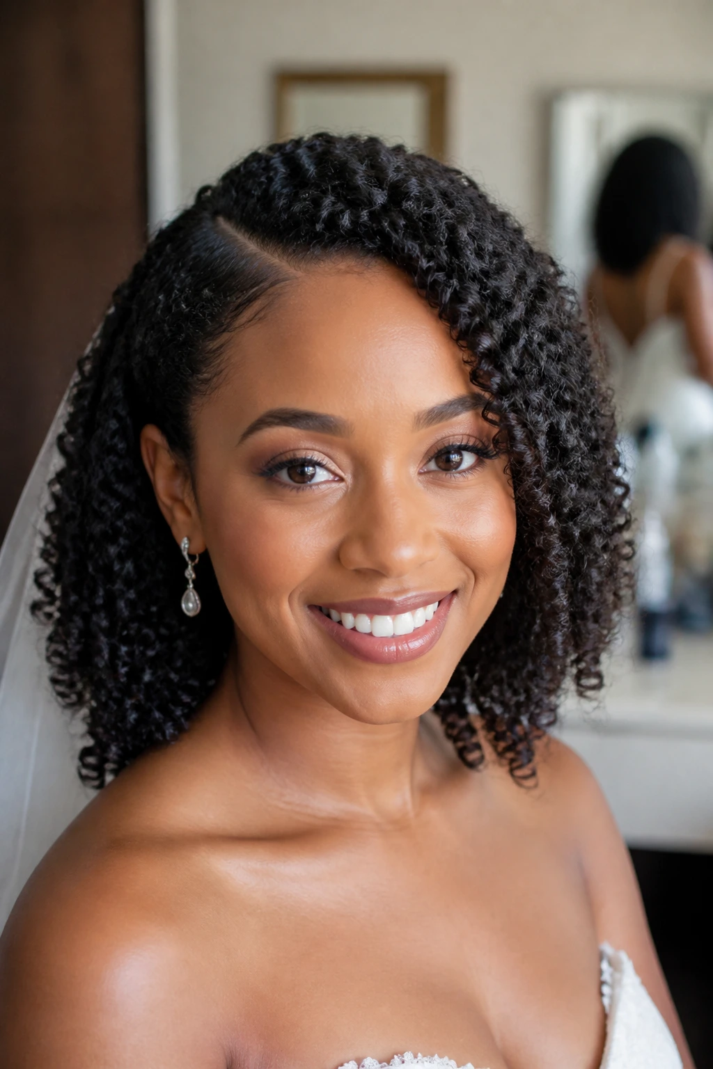 Bride with defined wash-and-go curls and side part
