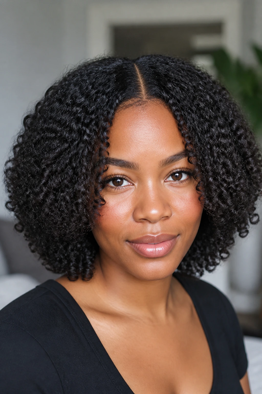 Close-up of a real person with wash-and-go curls and center part