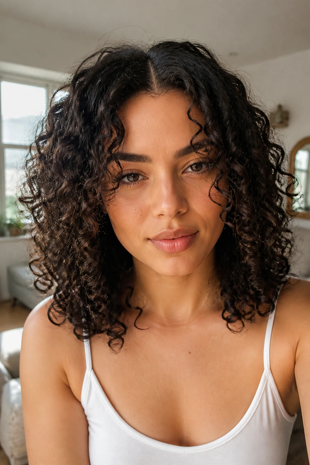 Close-up of a woman with center-parted tousled wash-and-go curls