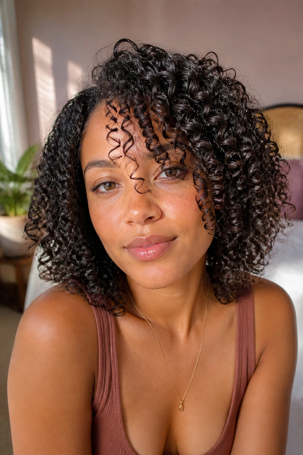 Close-up portrait of a real woman with defined wash-and-go curls under natural window light