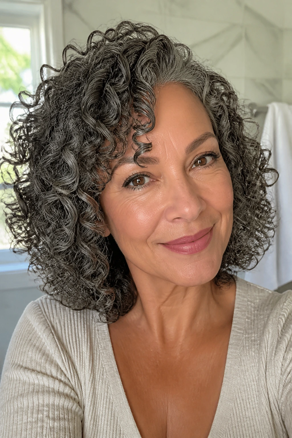 Close-up of a woman showing a defined wash-and-go curl pattern.
