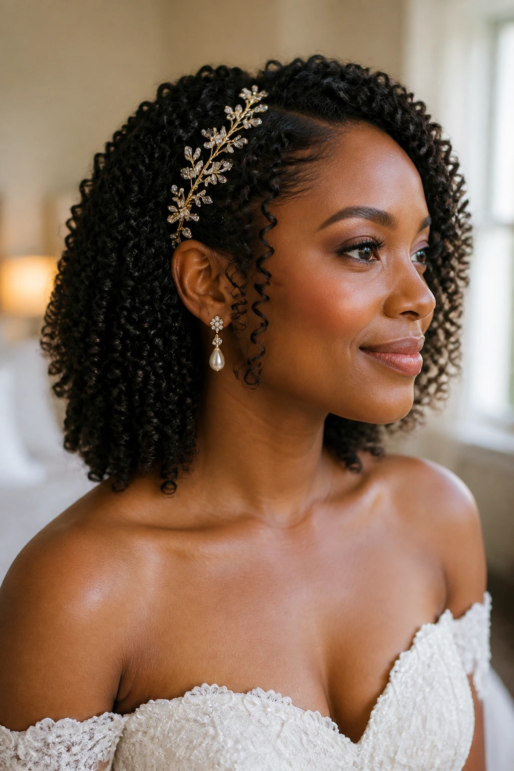 Bride with defined wash-and-go curls and hair vine