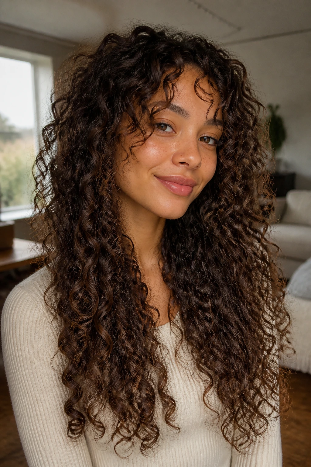 Close-up of a real woman with wash-and-go long layered curls.