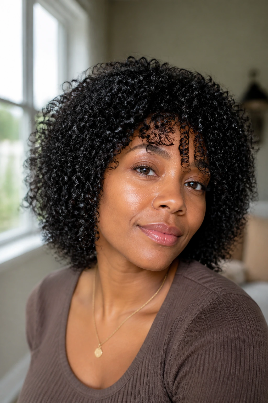 Close-up portrait of a Black woman with defined wash-and-go curls