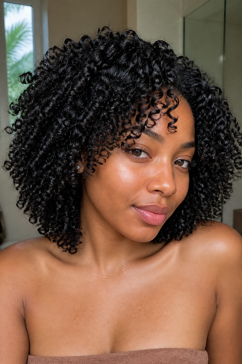 Close-up of a woman with defined texturized curls in a wash-and-go style under natural light