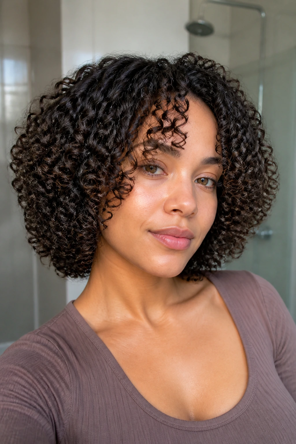 Portrait of person with rounded wash-and-go curls and face-framing layers