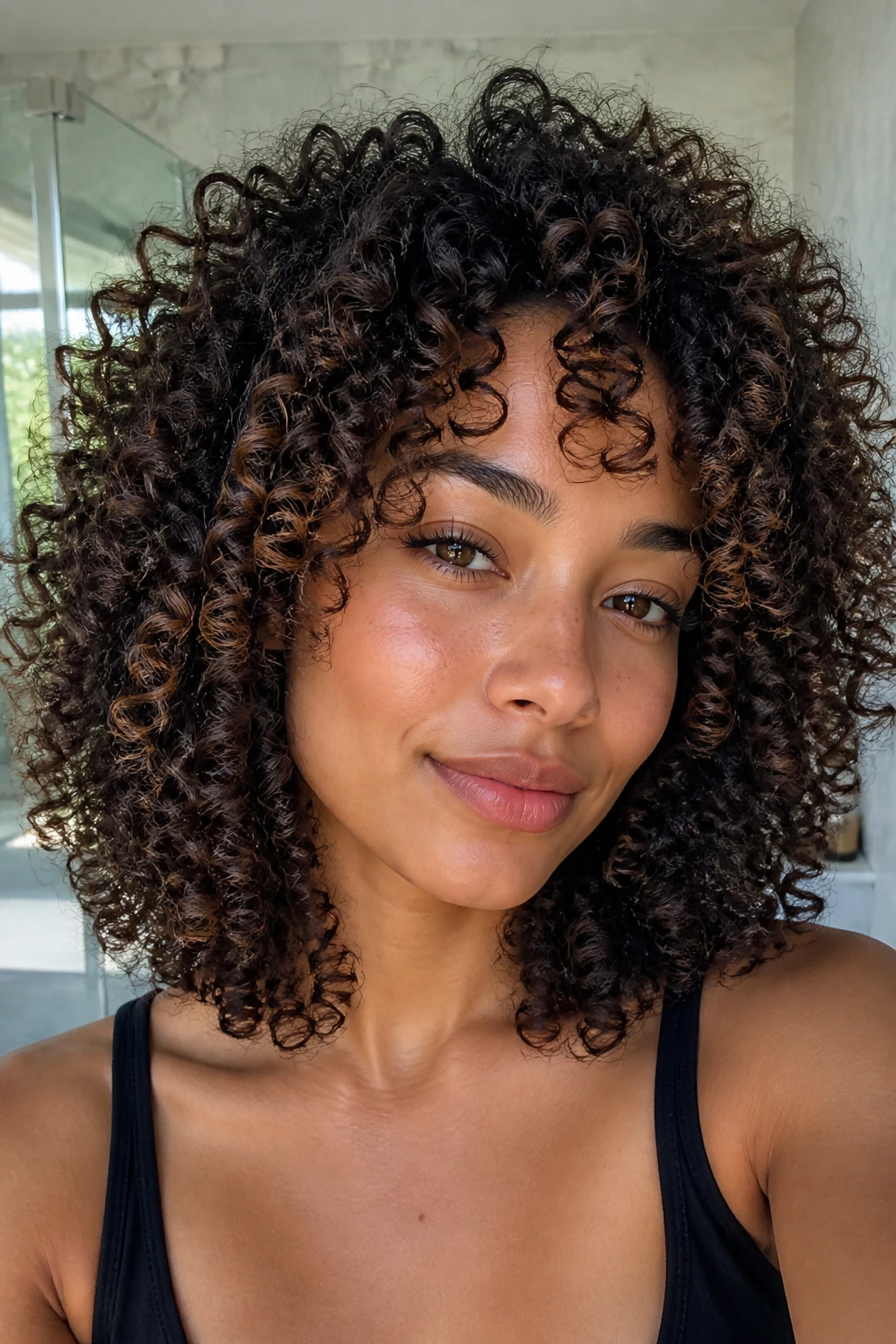 Portrait of a real woman with diffused wash-and-go curls and root lift