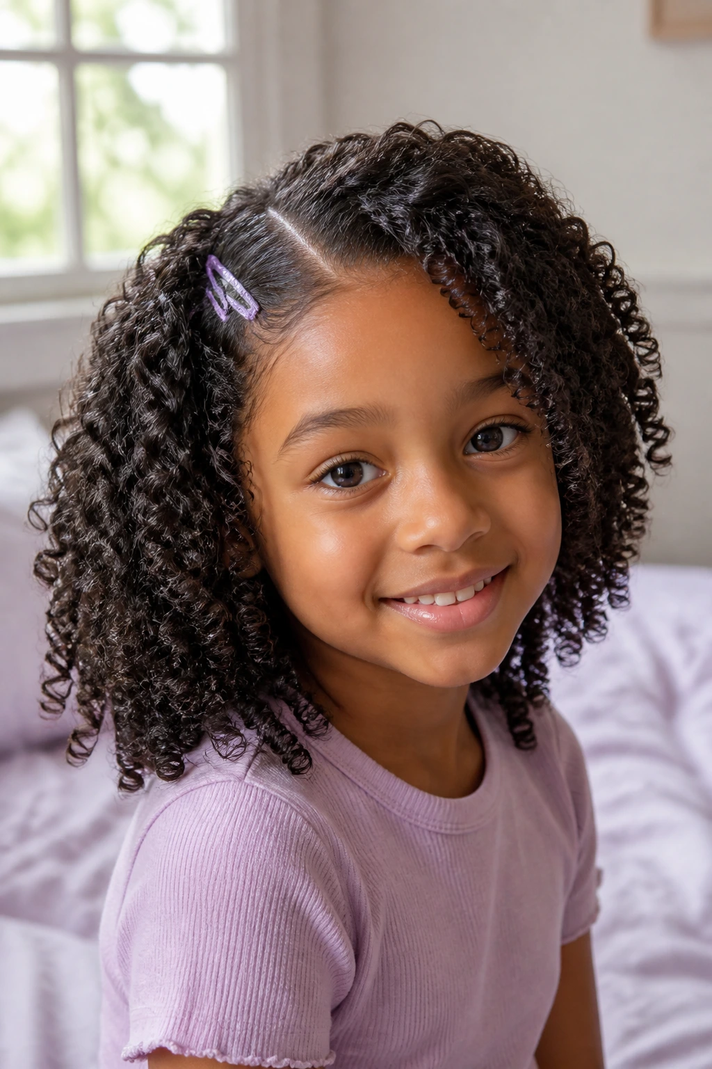 Child with defined curls and side clips