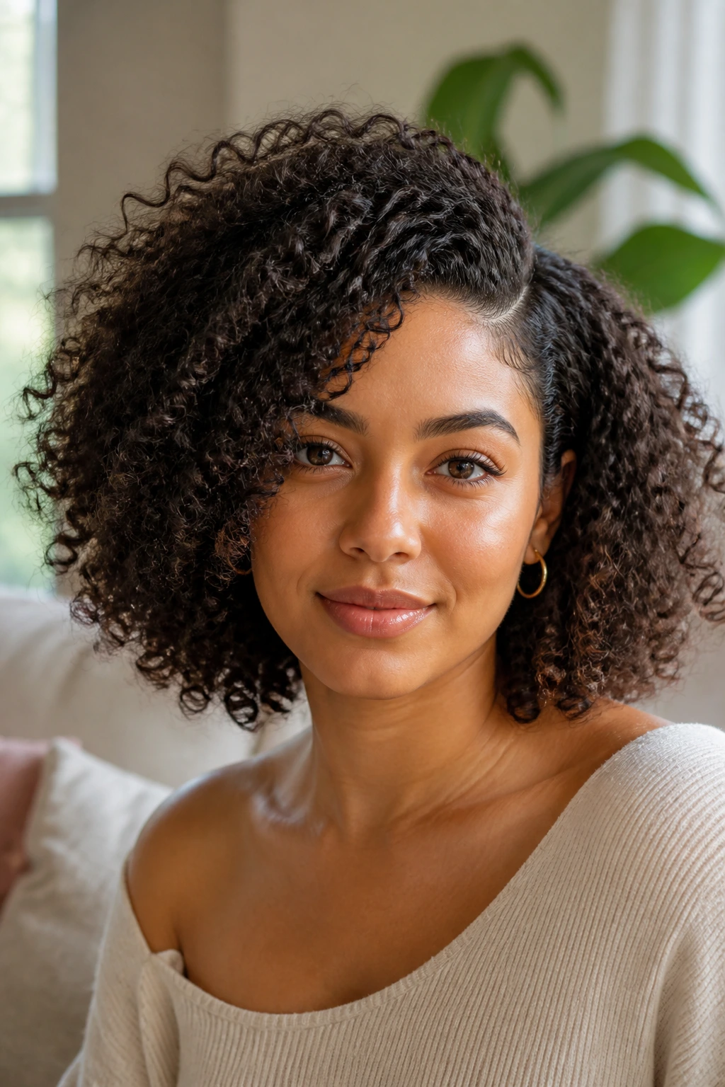 Shoulder-up portrait of a real person with fluffy curls and a deep side part