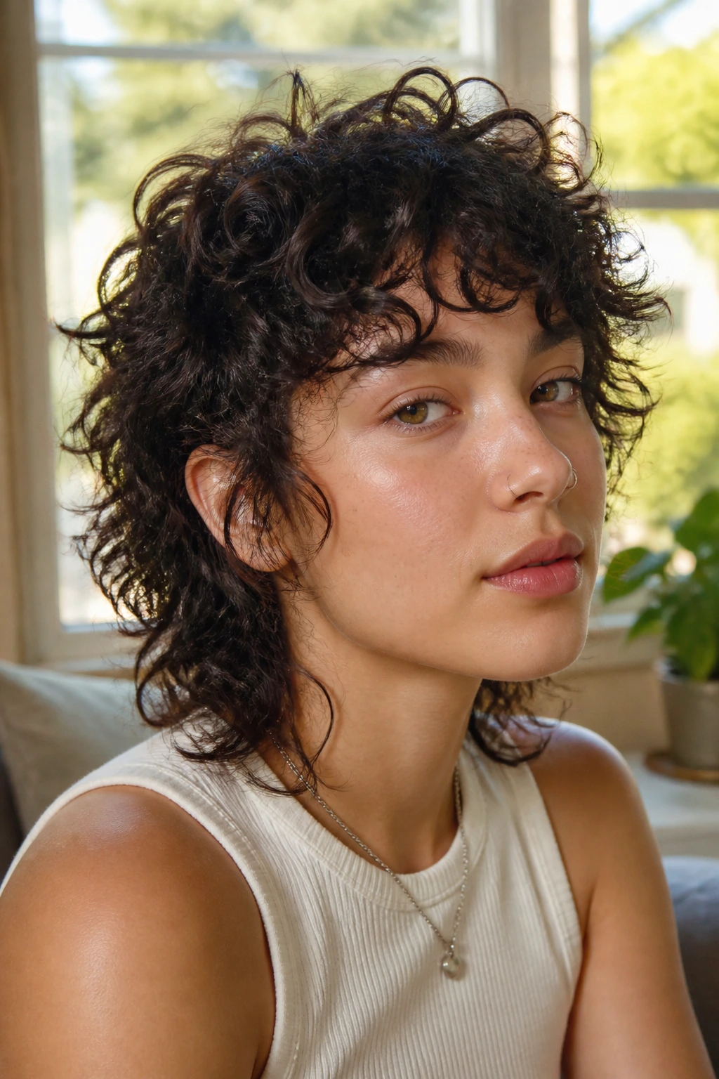 Close-up portrait of a real person with a wash-and-go curly mullet under warm window light