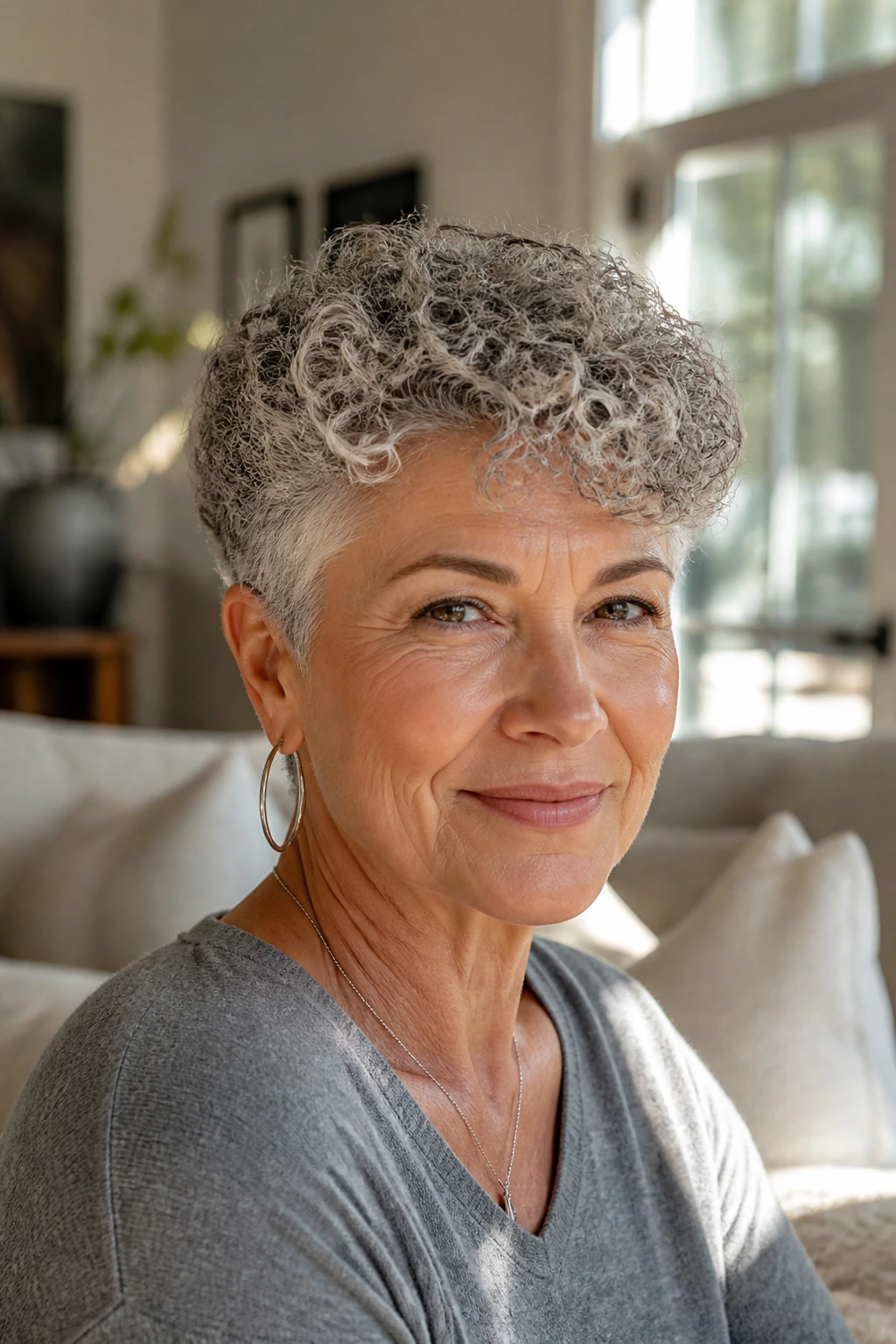 Real woman with wash-and-go curly pixie.