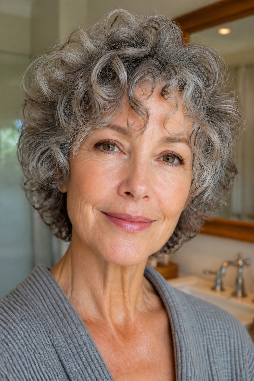Close-up of a real woman with wash-and-go curly shag in a bright bathroom