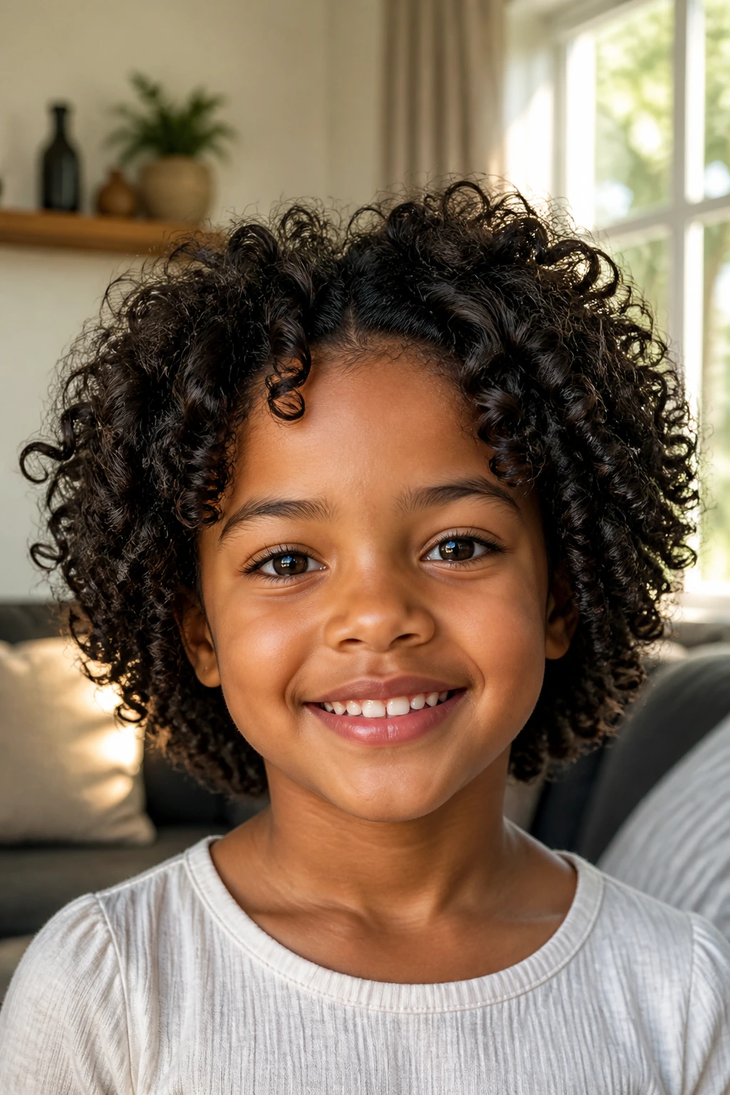Close-up of a child with defined wash-and-go curls.