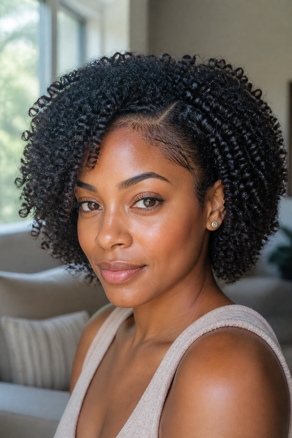 Close-up of a Black woman with defined curls and soft edge detail in natural light