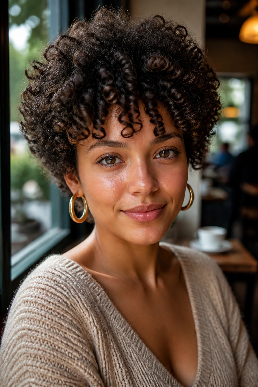 Close-up of a real person with wash-and-go curls and diffused volume in a cafe setting