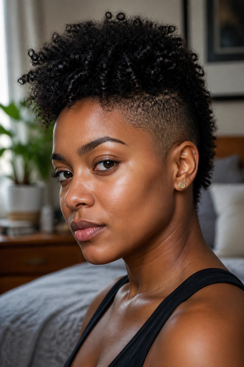 Close-up portrait of a person with a wash-and-go faux hawk and buzzed sides under window light.
