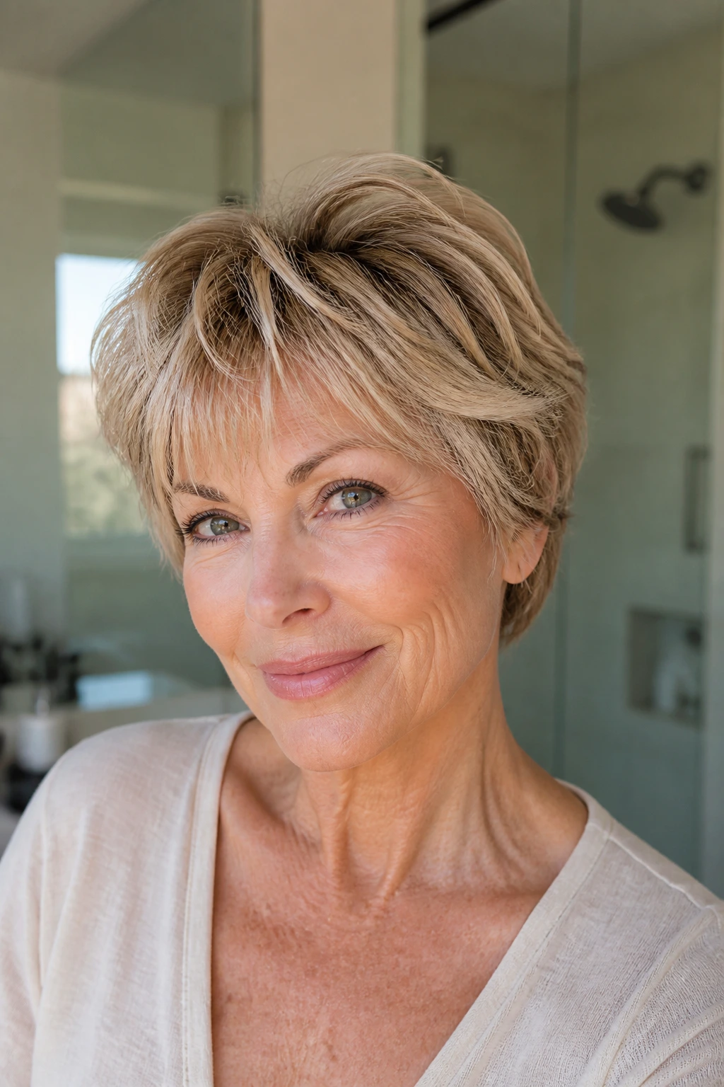 Portrait of a real person with a wash-and-go feathered short cut in natural light