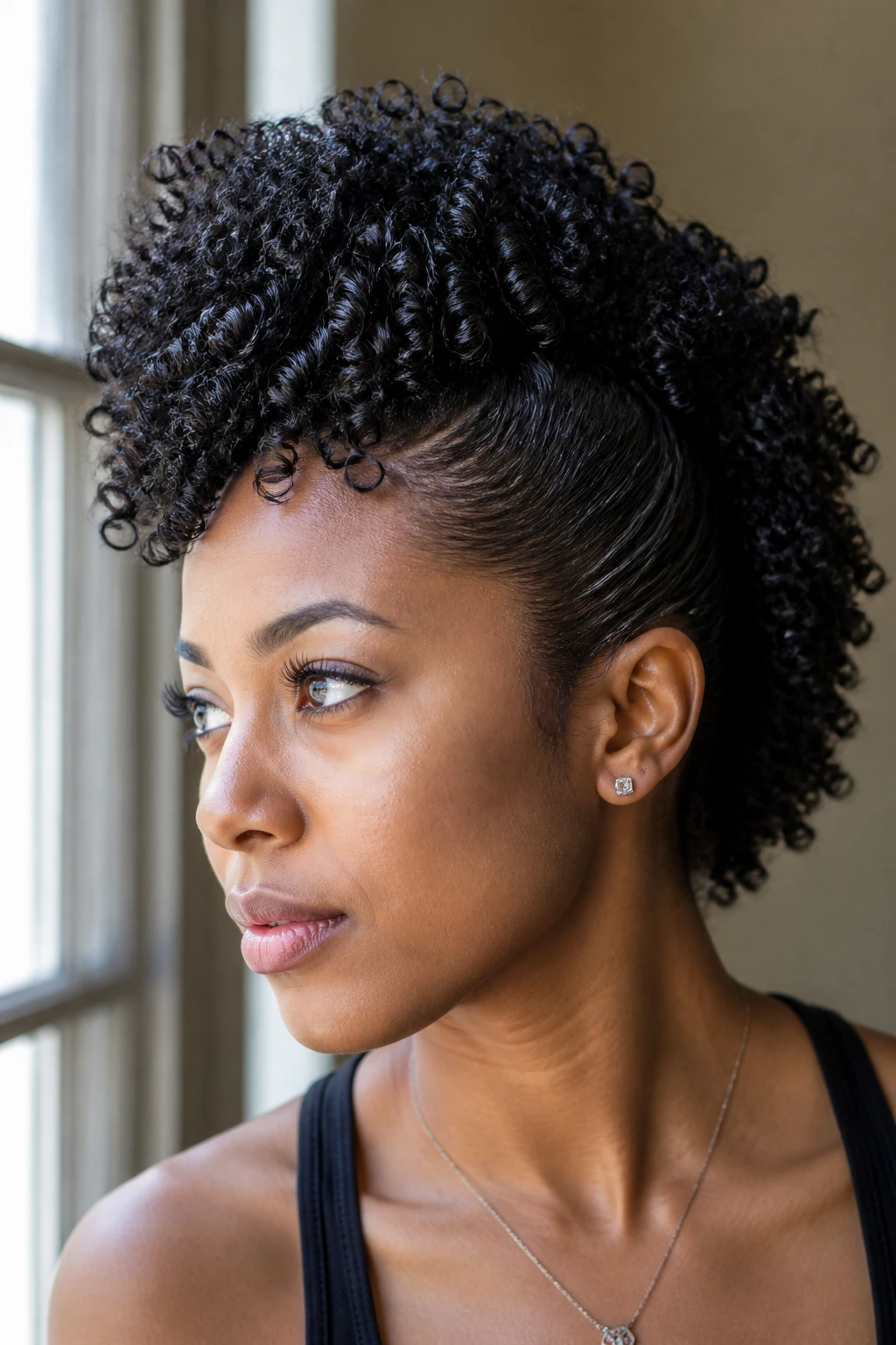 Real person with wash-and-go frohawk showing natural coils and center ridge