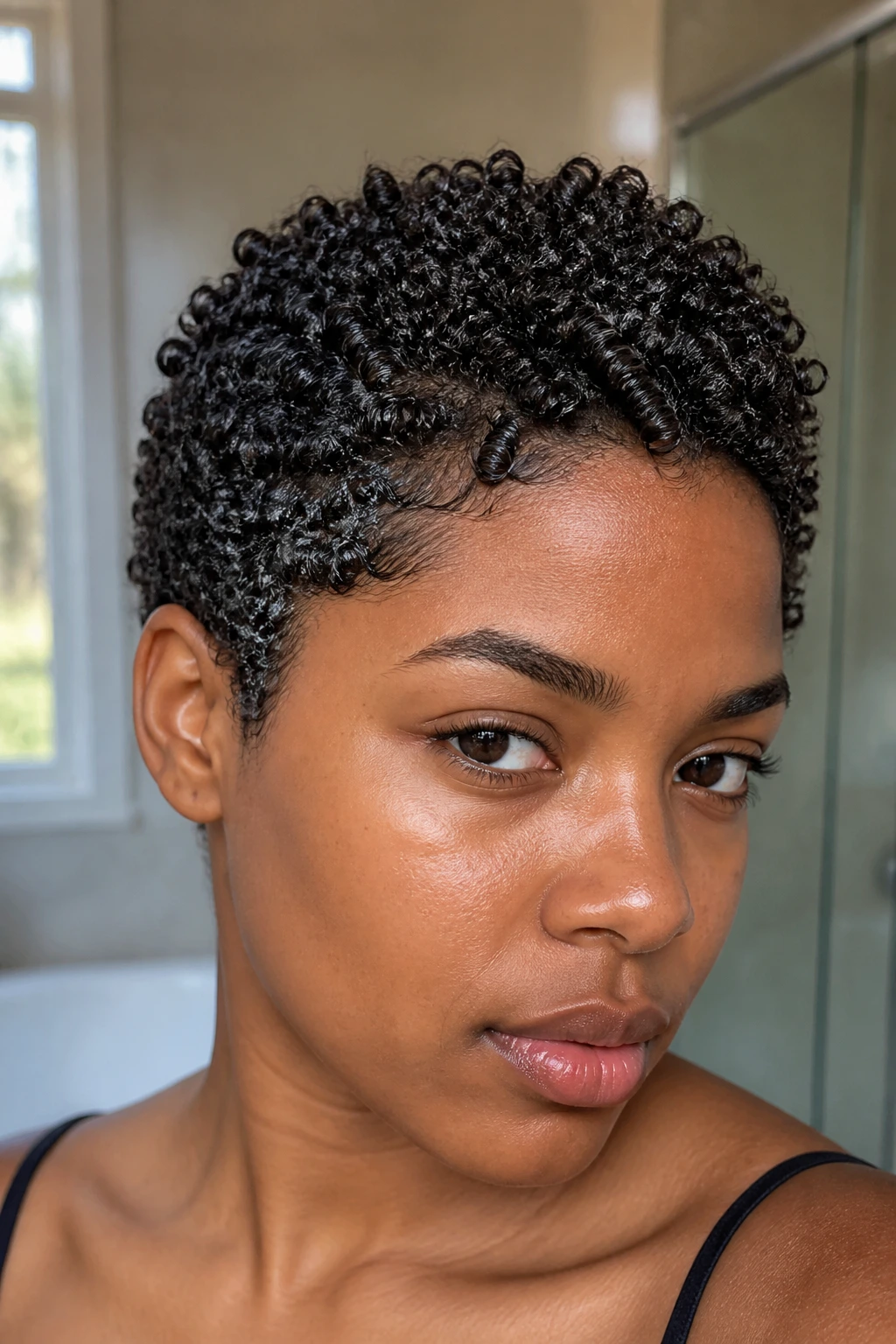 Close-up of a wash-and-go crop with gel cast on short hair