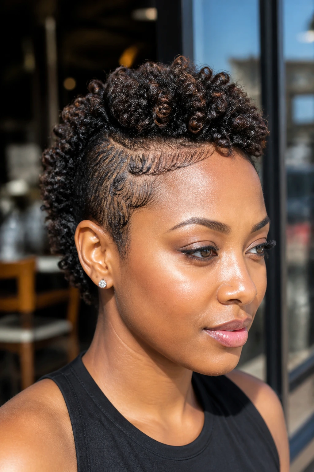Close-up of a person with a wash-and-go hawk and sculpted edges