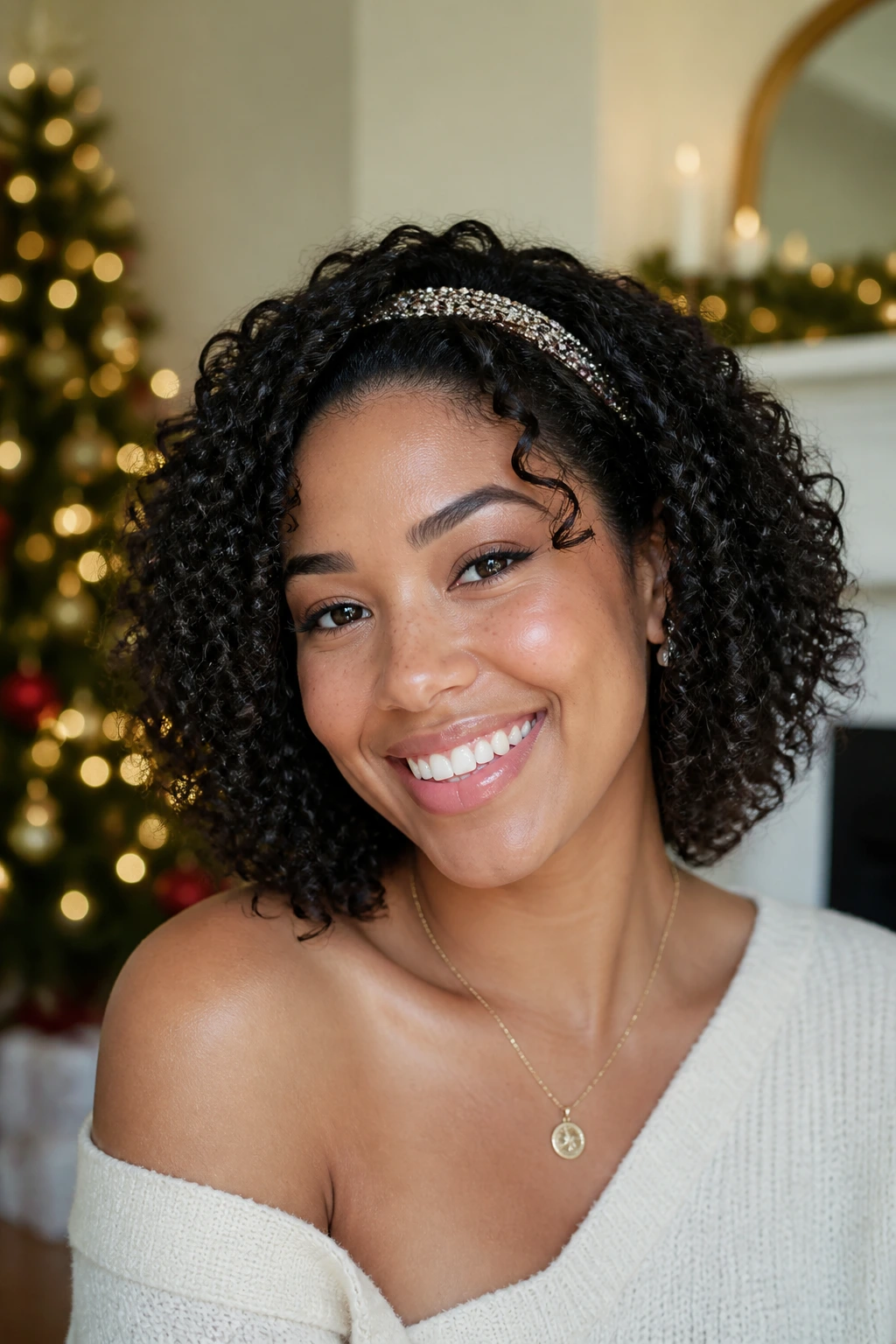 Wash-and-go curls with sparkly headband on a real person