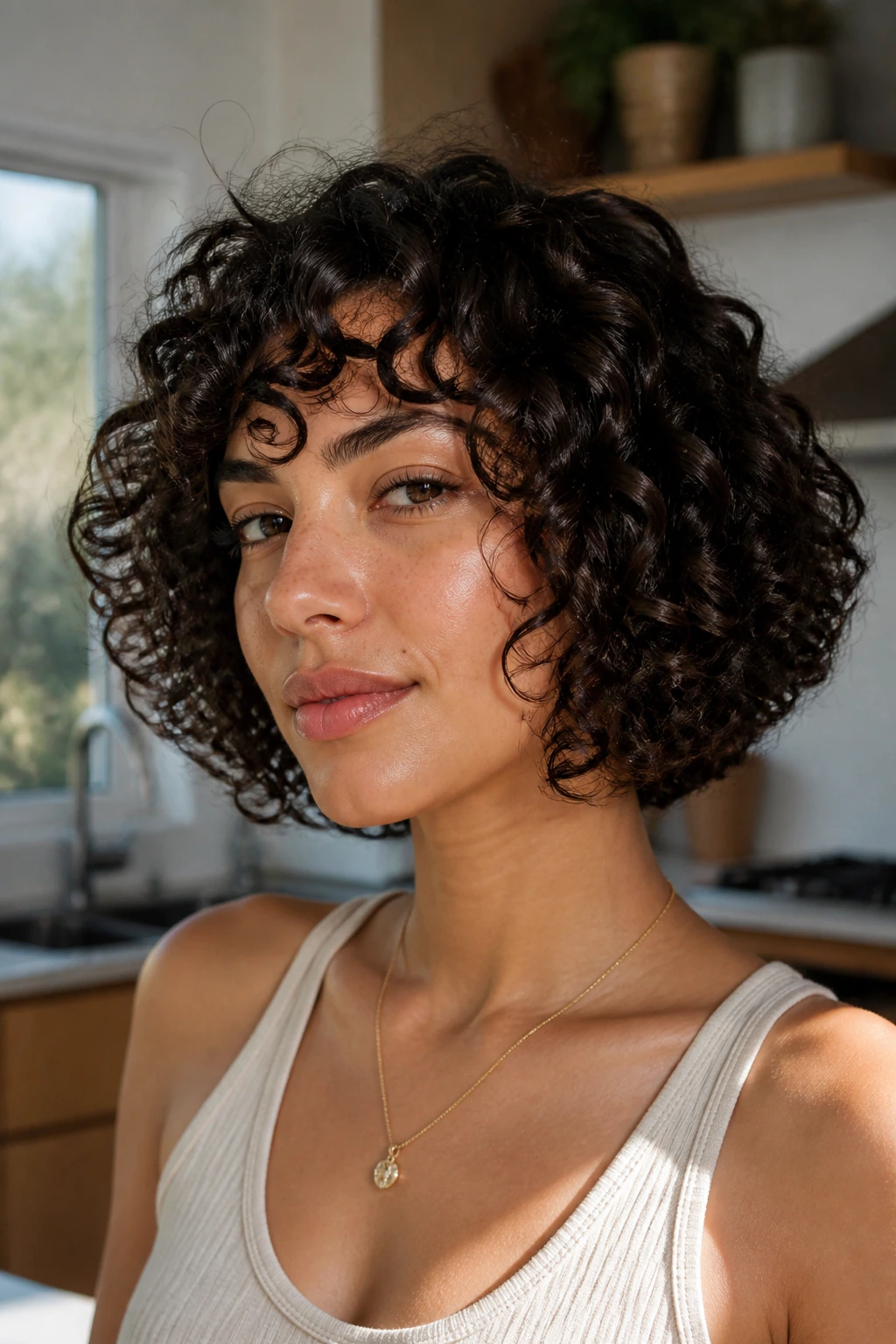 Close-up portrait of a real woman with Wash-and-Go Layered Bob in a sunlit kitchen.