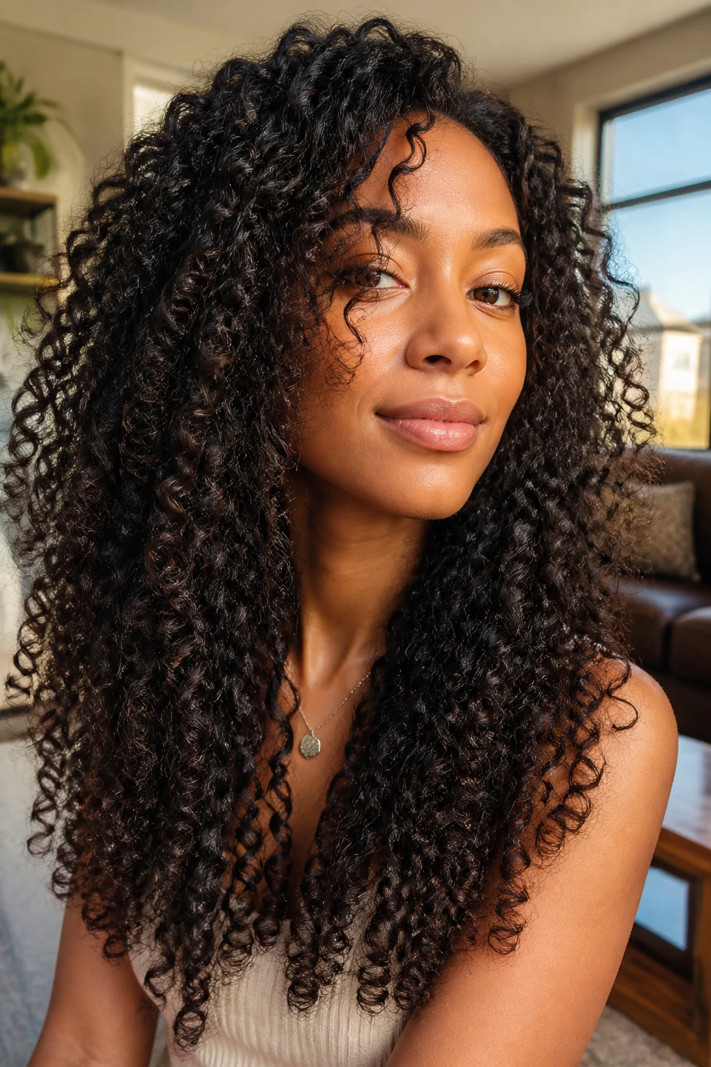Close-up of long layered wash-and-go curls with defined silhouette.