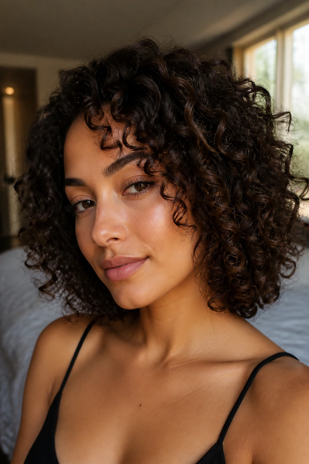 Real person with wash-and-go lob in a sunlit bedroom
