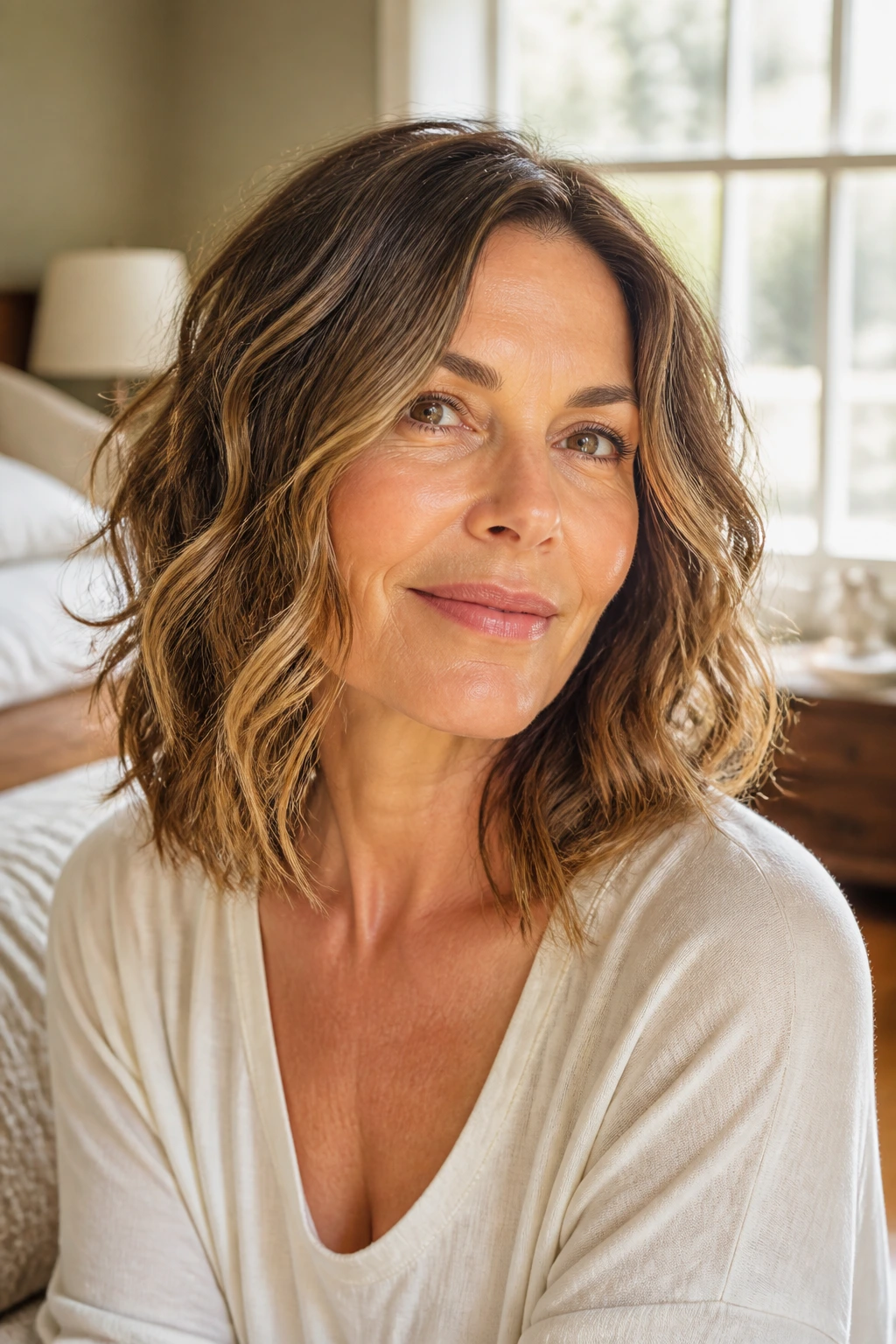Close-up of a real woman with a wash-and-go long bob in natural light