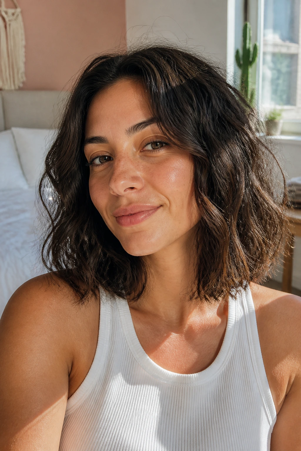 Close-up portrait of a real woman with a natural textured wash-and-go lob in a sunlit bedroom