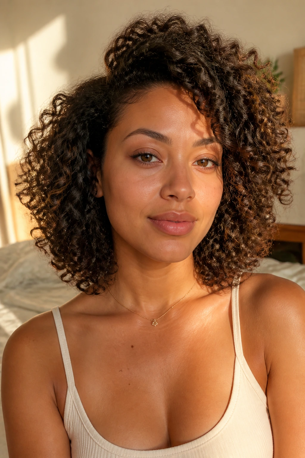 Portrait of a real person with medium curls designed for wash-and-go shape