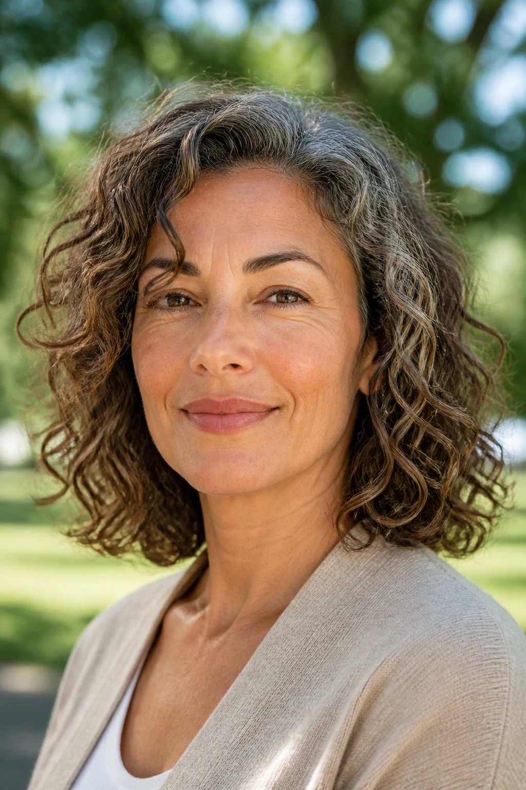 Portrait of a real woman with a wash-and-go mid-length cut and natural waves.