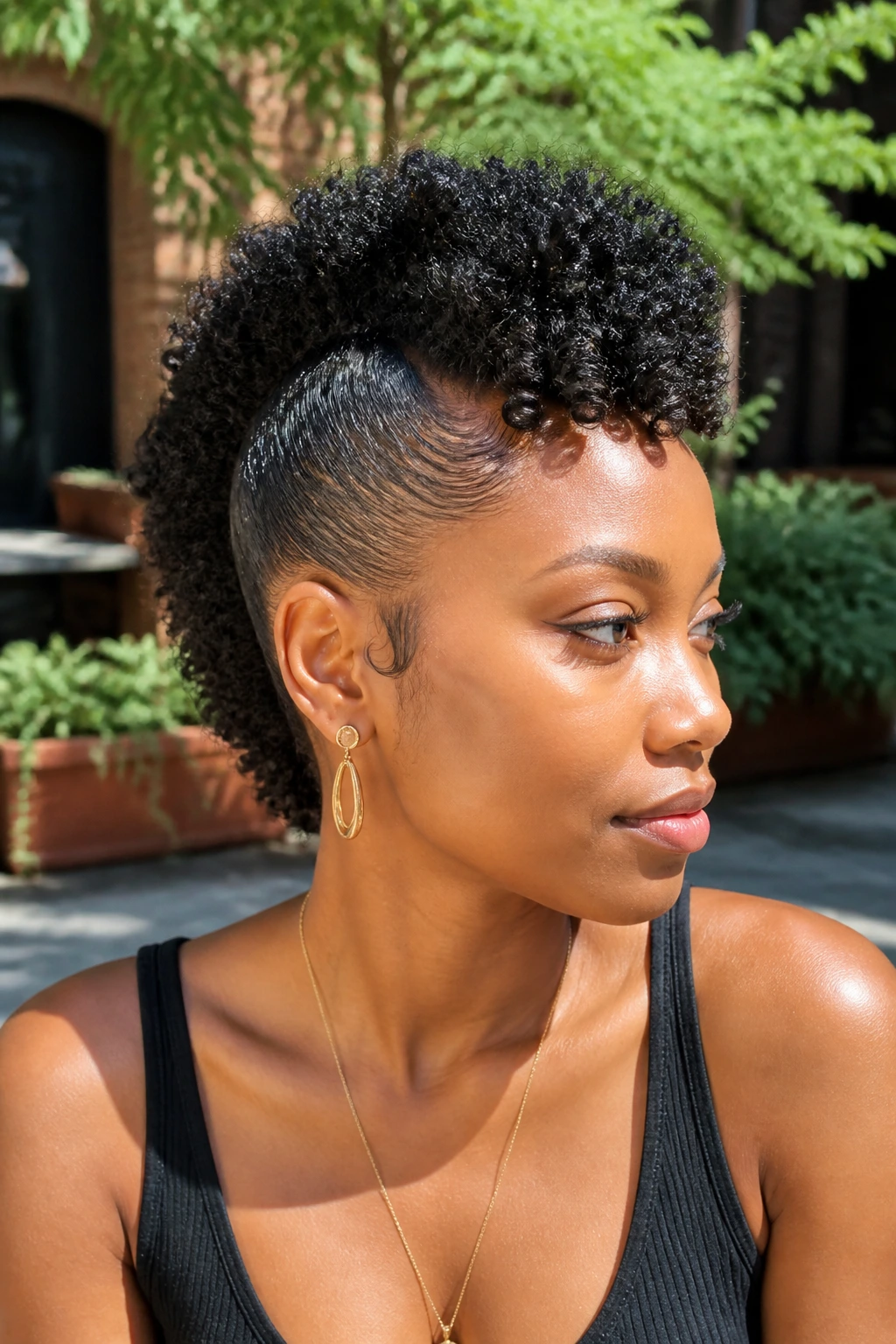 Close-up of a real person with a wash-and-go mohawk and distinct center ridge.