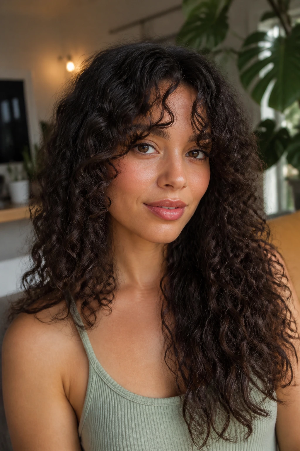 Close-up of a real person with natural curls and a soft curtain fringe.