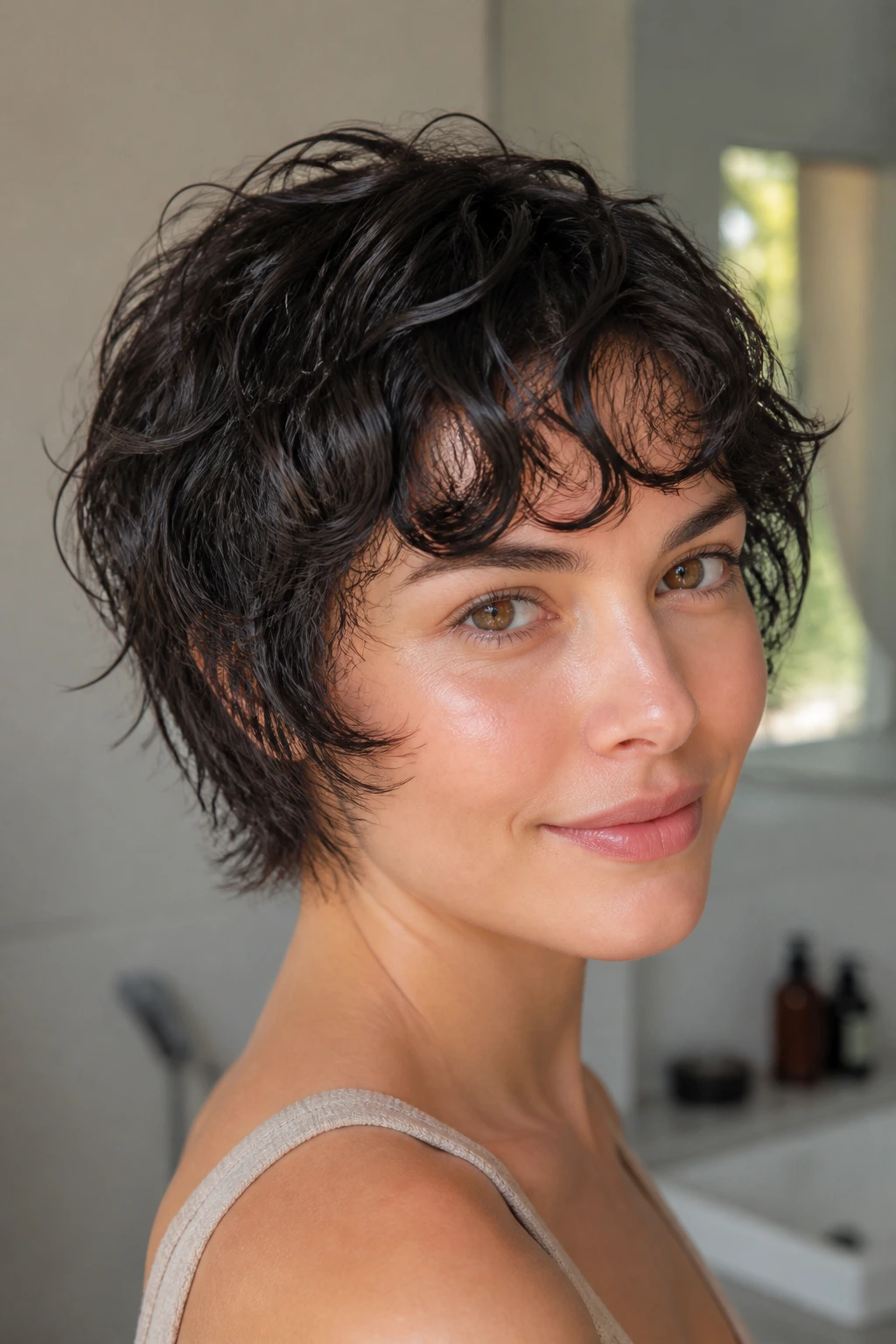 Close-up of a real woman with wash-and-go pixie bob.