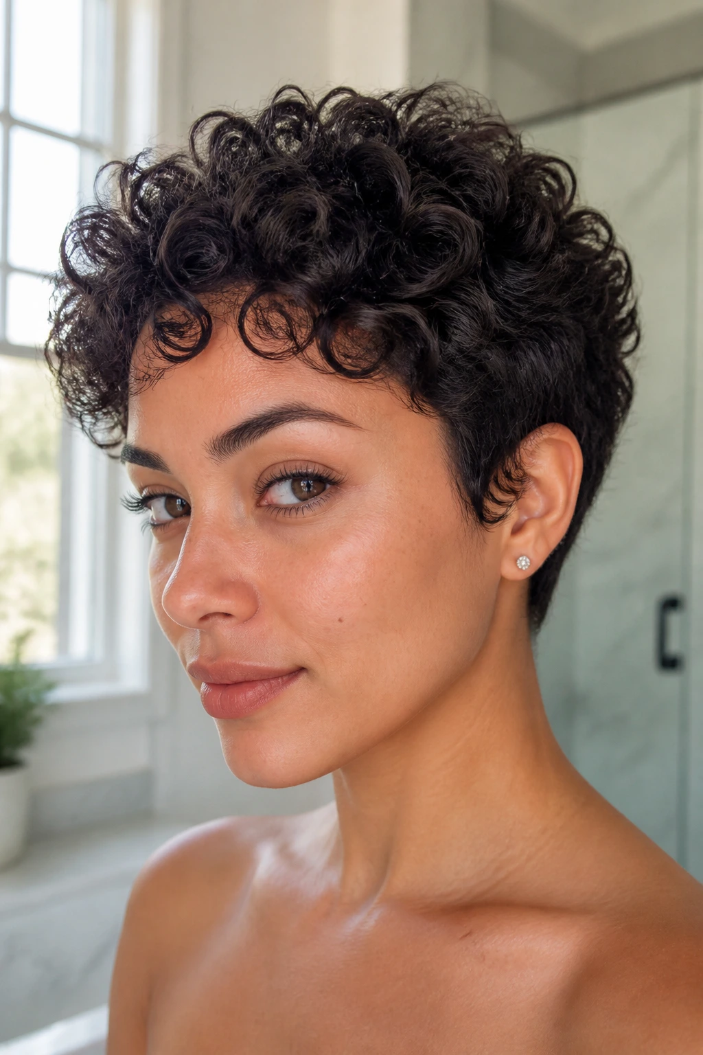 Close-up portrait of a real person with wash-and-go curly pixie in a bright bathroom