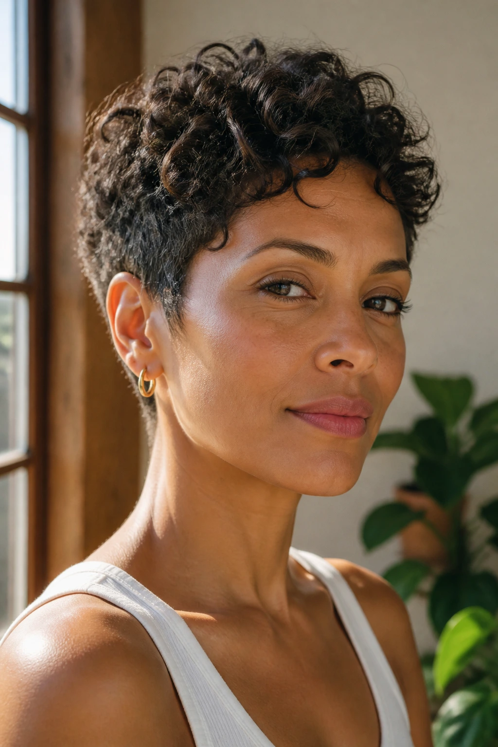 Real woman with wash-and-go pixie showing natural curls after air-drying.