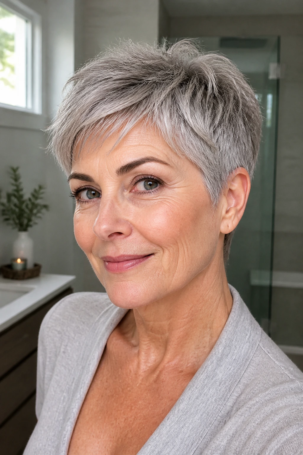 Close-up portrait of a real woman with a wash-and-go pixie in bright bathroom light