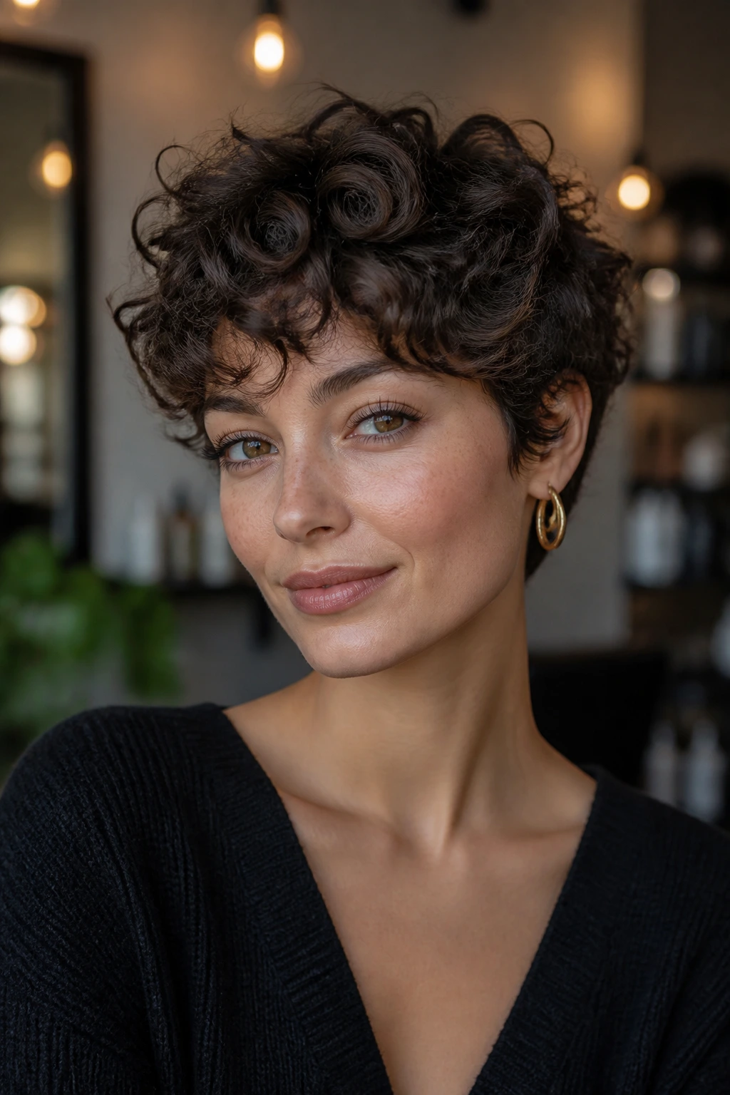 Portrait of a woman with a wash-and-go pixie showing natural movement and texture