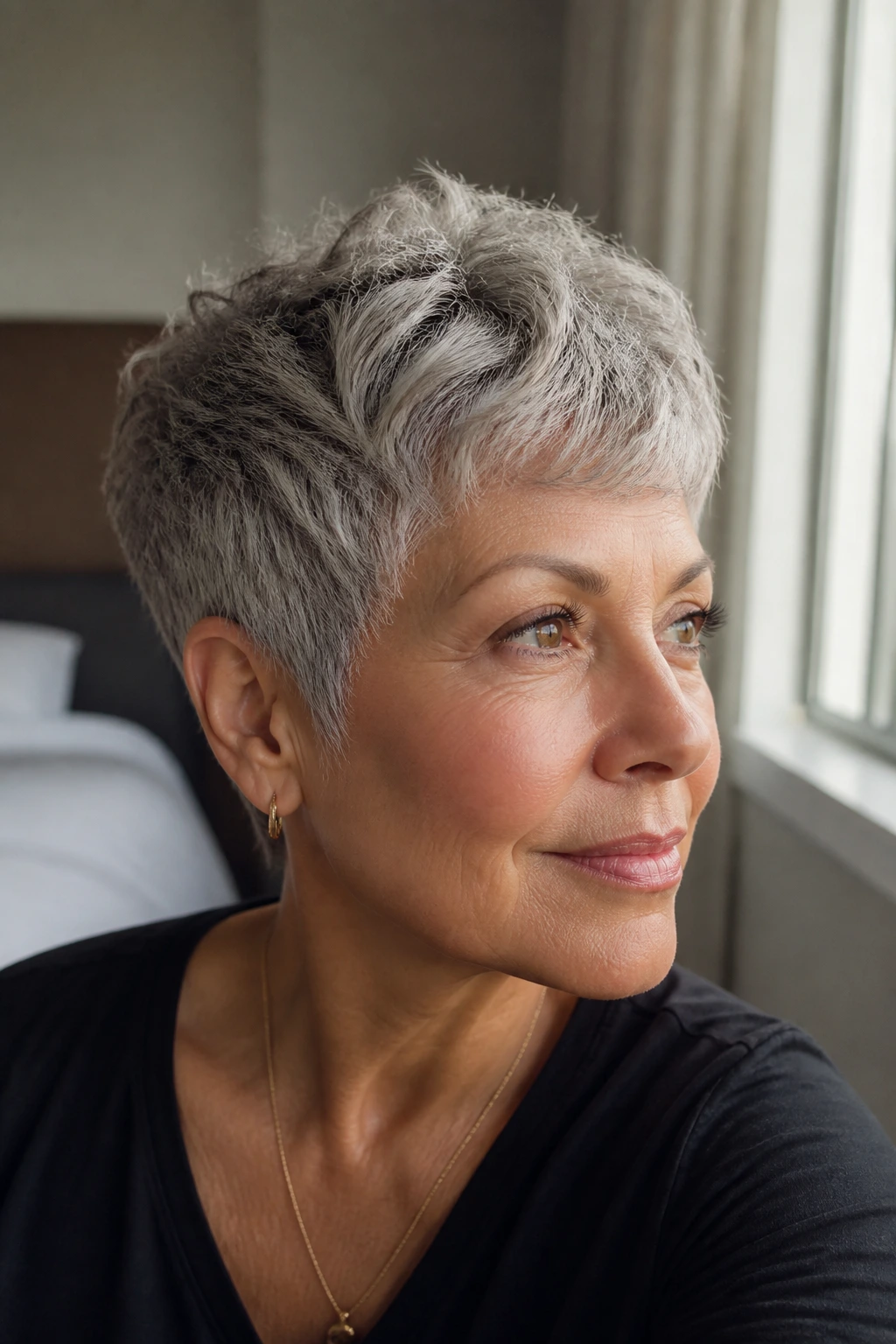 Close-up portrait of a real woman with a wash-and-go pixie showing natural texture