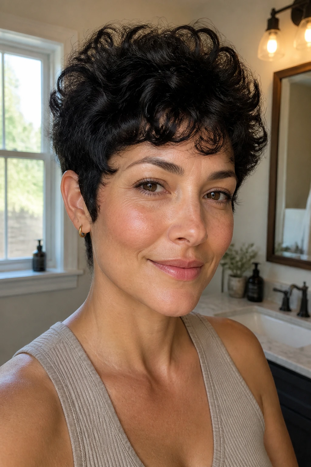 Close-up portrait of a real woman with a wash-and-go pixie showcasing natural texture in a warm bathroom light.