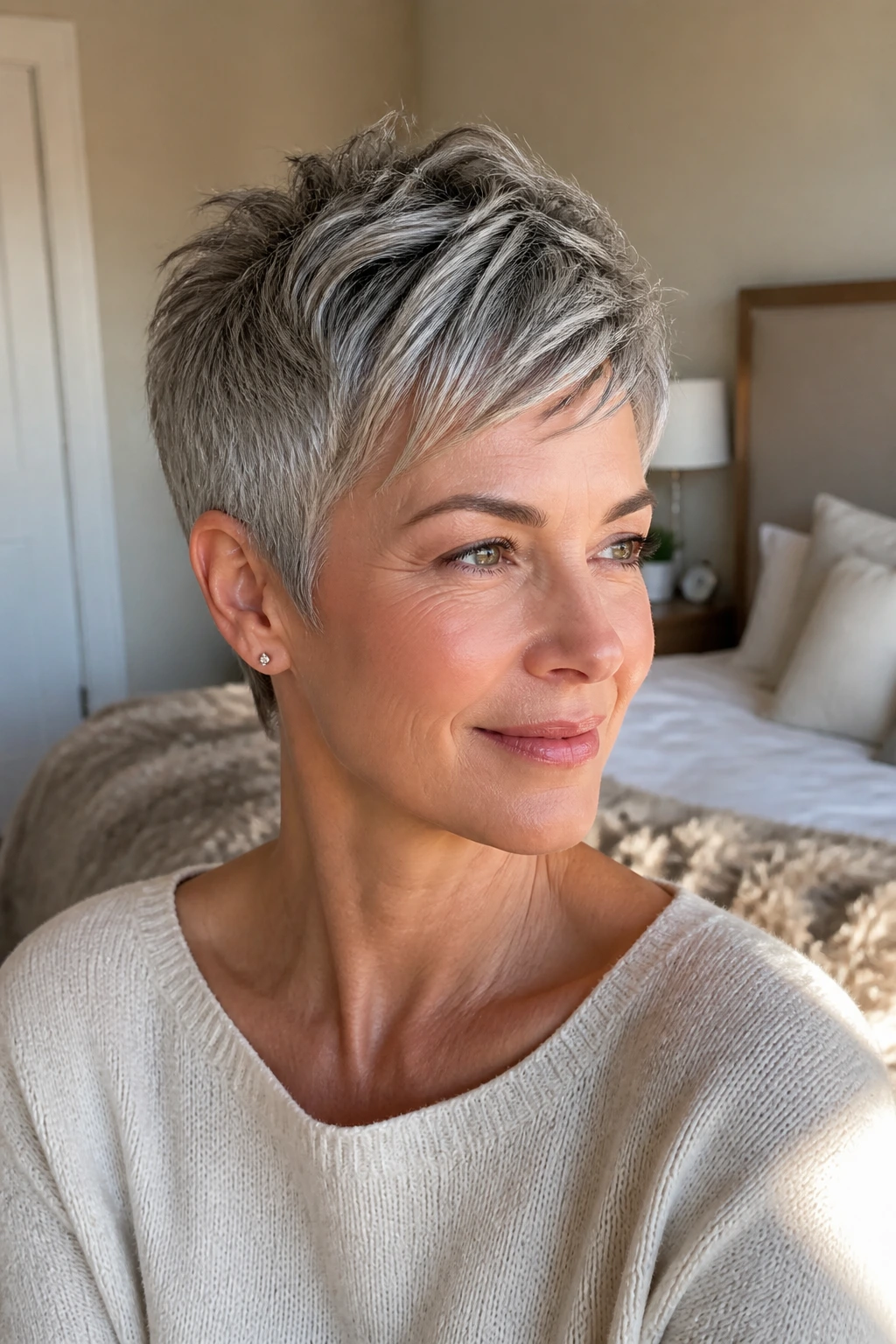 Close-up portrait of a real woman with a soft-textured wash-and-go pixie in a sunlit room.