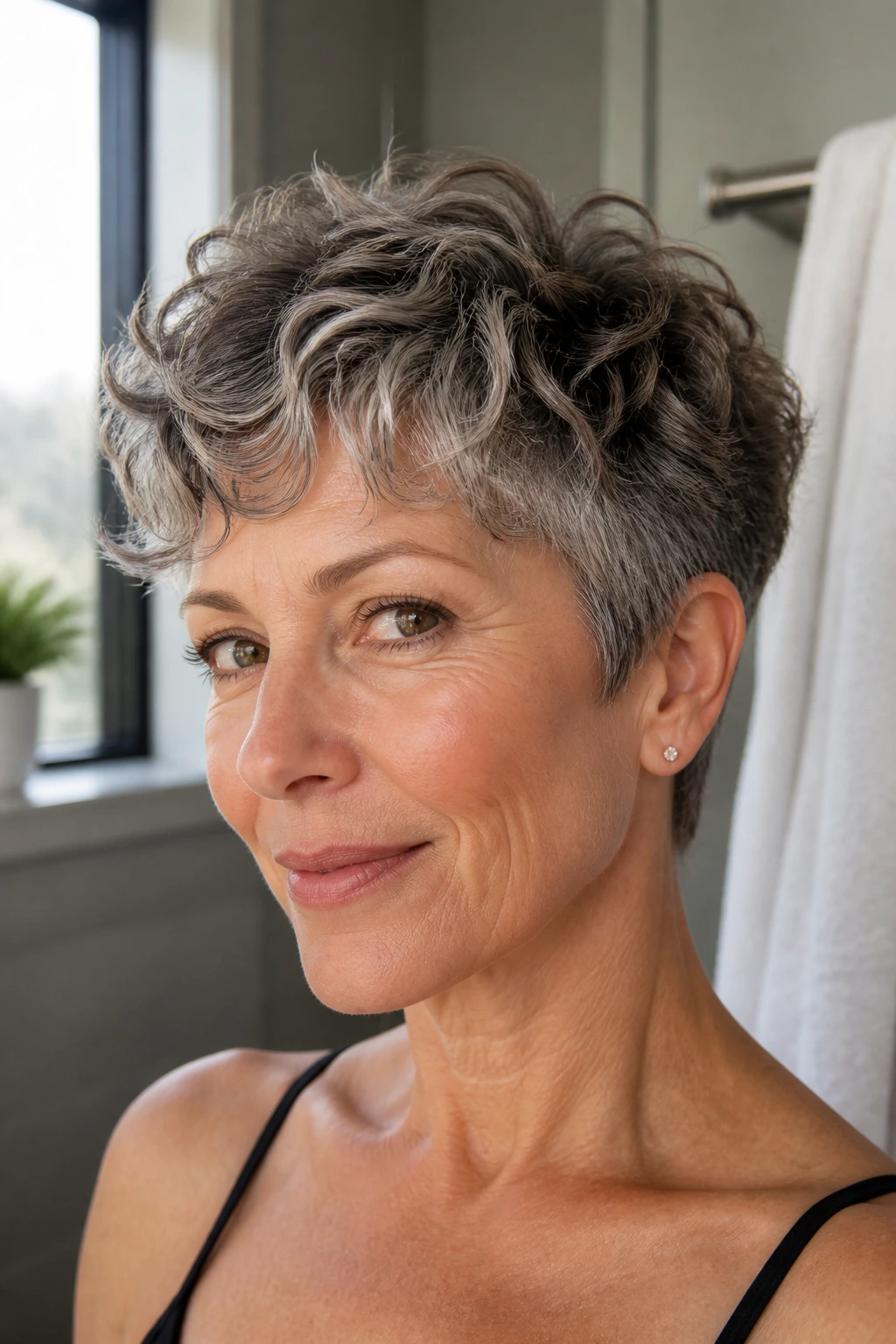 Portrait of a real woman with a wash-and-go wave pixie in a sunlit bathroom