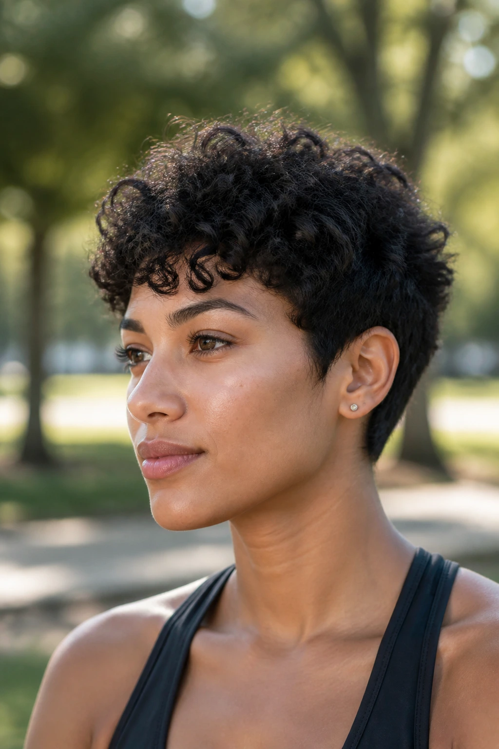 Close-up of a real person with sporty wash-and-go pixie wolf hairstyle