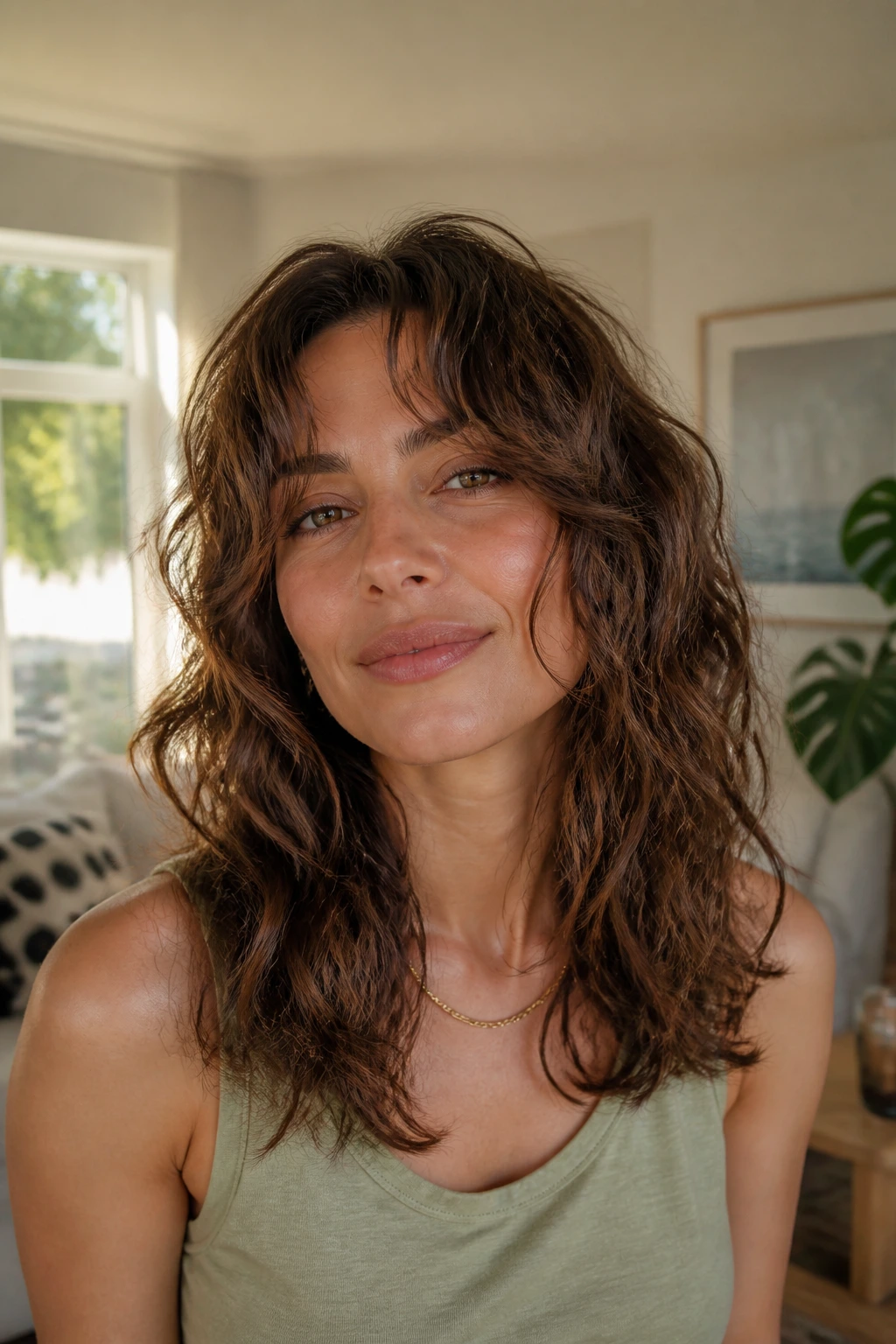 Close-up of real woman with Wash-and-Go Shag in bright living room